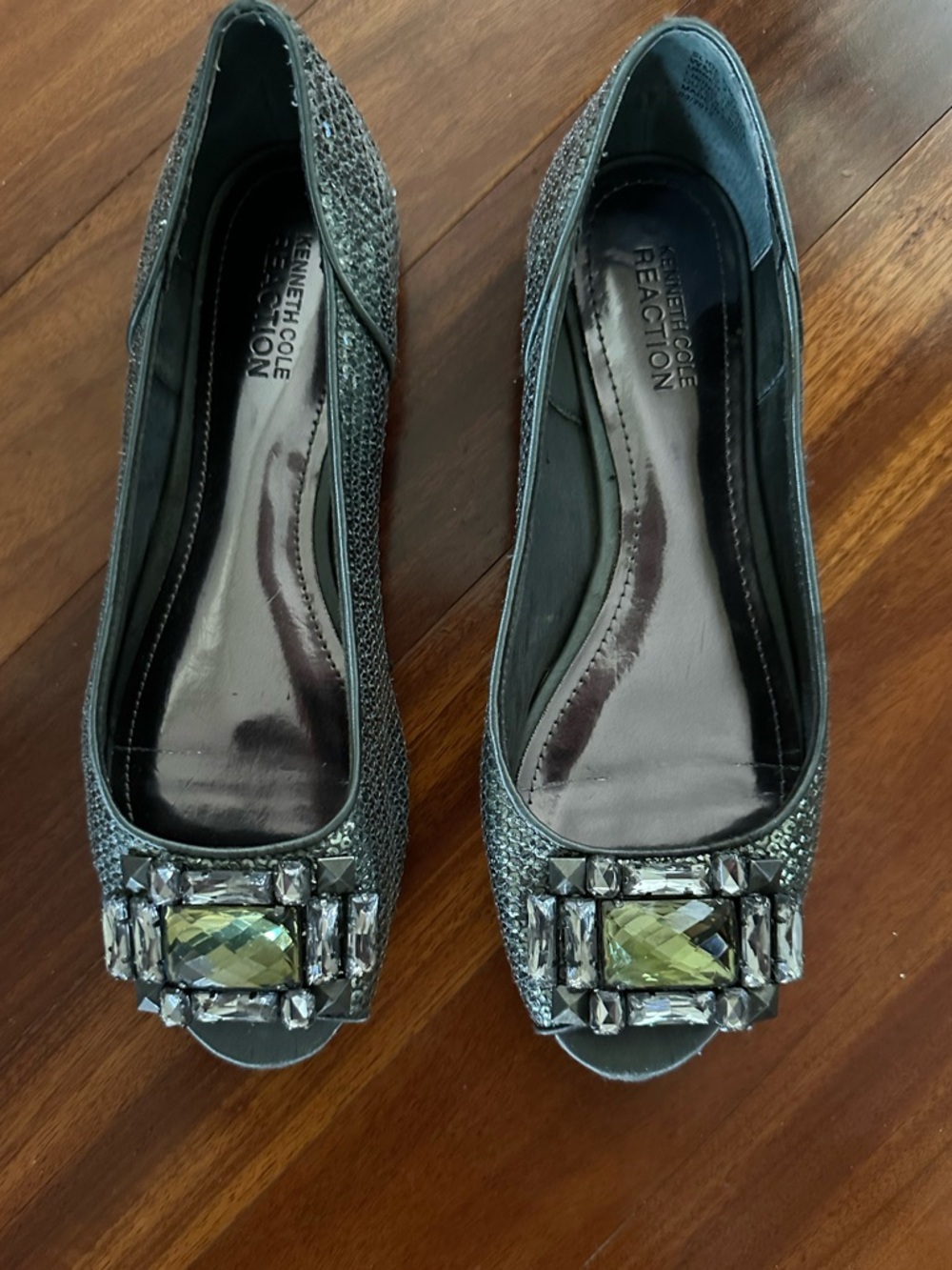 Kenneth Cole Reaction Gunmetal Jeweled Peep-Toe Flats with Smoky Crystal Accents